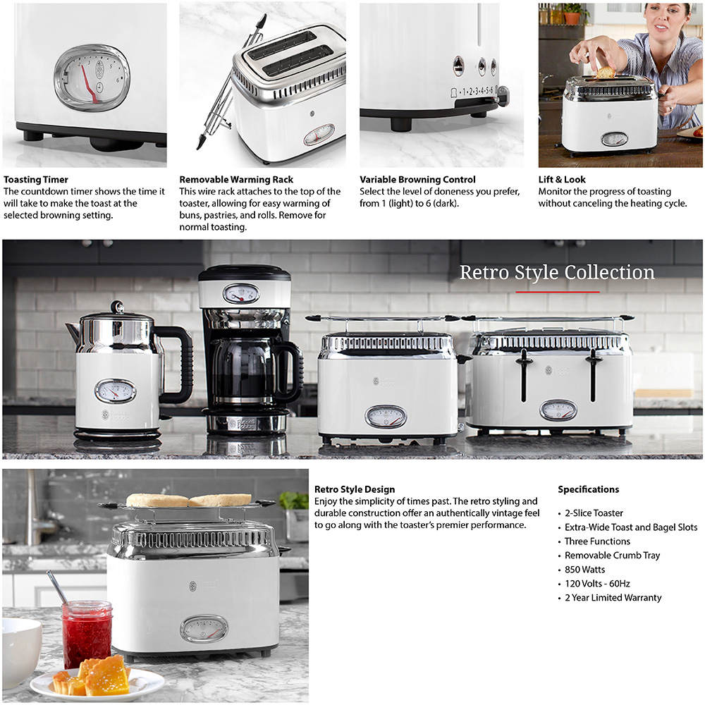 Russell Hobbs Retro Style 2Slice White Stainless Steel Toaster with